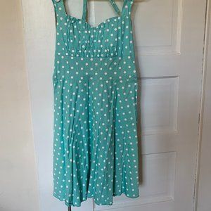 Turquoise and white polkadot pinup halter dress with swing skirt (S)